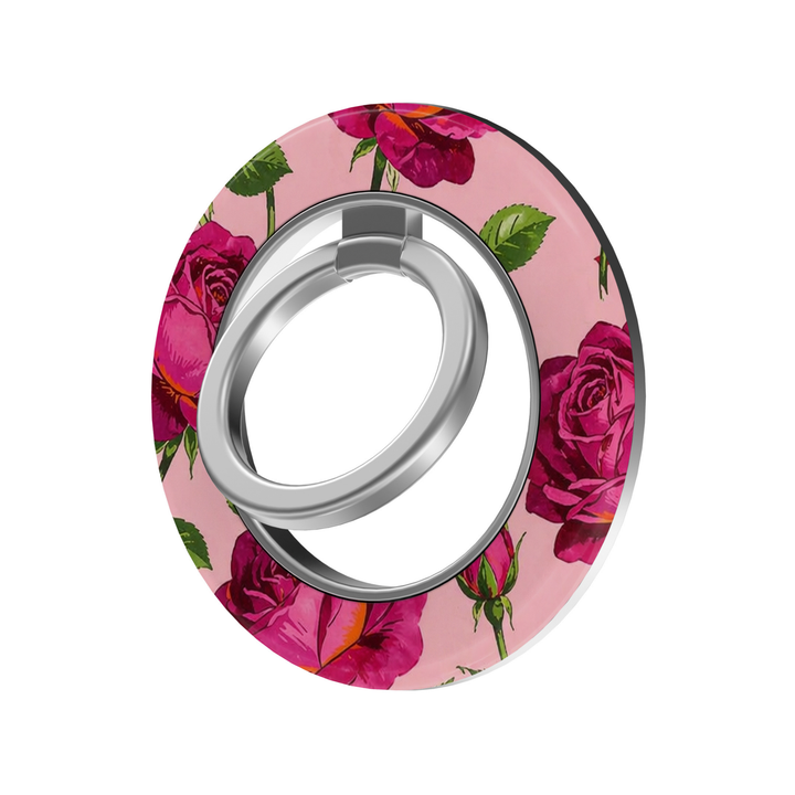 Fuchsia Rose Garden MagSafe ring holder with vibrant pink roses, green leaves, blush pink background and silver rotating magnetic phone grip.