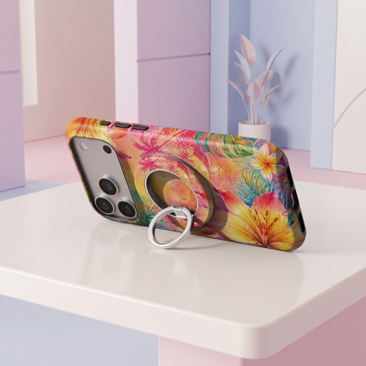 Tropical Sunset MagSafe ring holder with vibrant pink, orange and yellow palm tree design and silver rotating magnetic phone grip.