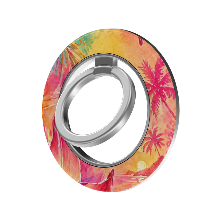 Tropical Sunset MagSafe ring holder with vibrant pink, orange and yellow palm tree design and silver rotating magnetic phone grip.