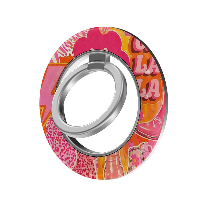 Retro Pink Pop MagSafe ring holder with vibrant pink and orange vintage-inspired printed design and silver rotating magnetic phone grip.