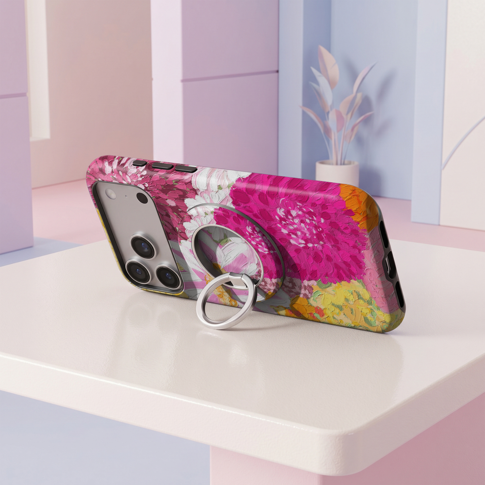 Pink Painted Blooms MagSafe magnetic ring holder with vibrant pink floral artwork and silver rotating phone grip and stand.