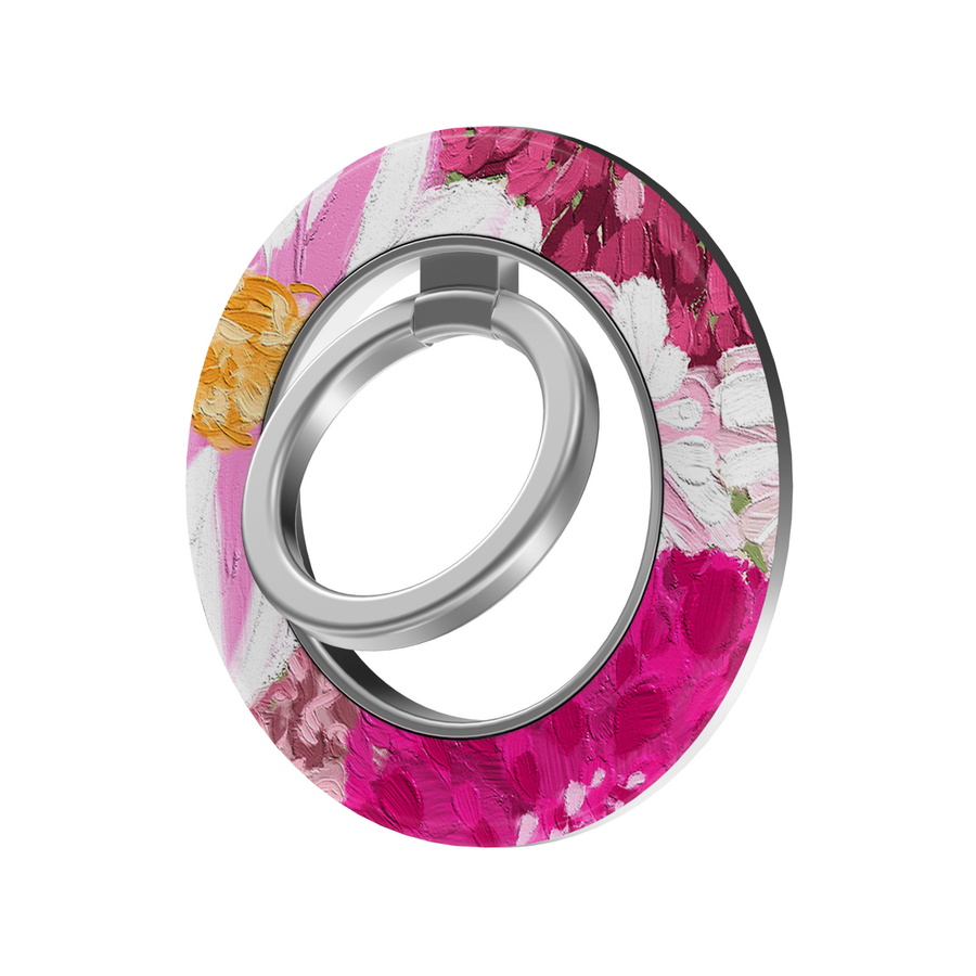 Pink Painted Blooms MagSafe magnetic ring holder with vibrant pink floral artwork and silver rotating phone grip and stand.