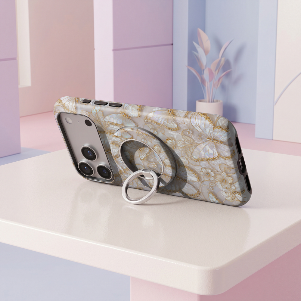 Pearl Butterfly MagSafe magnetic ring holder with ivory iridescent butterflies, gold detailing and silver rotating phone grip and stand.