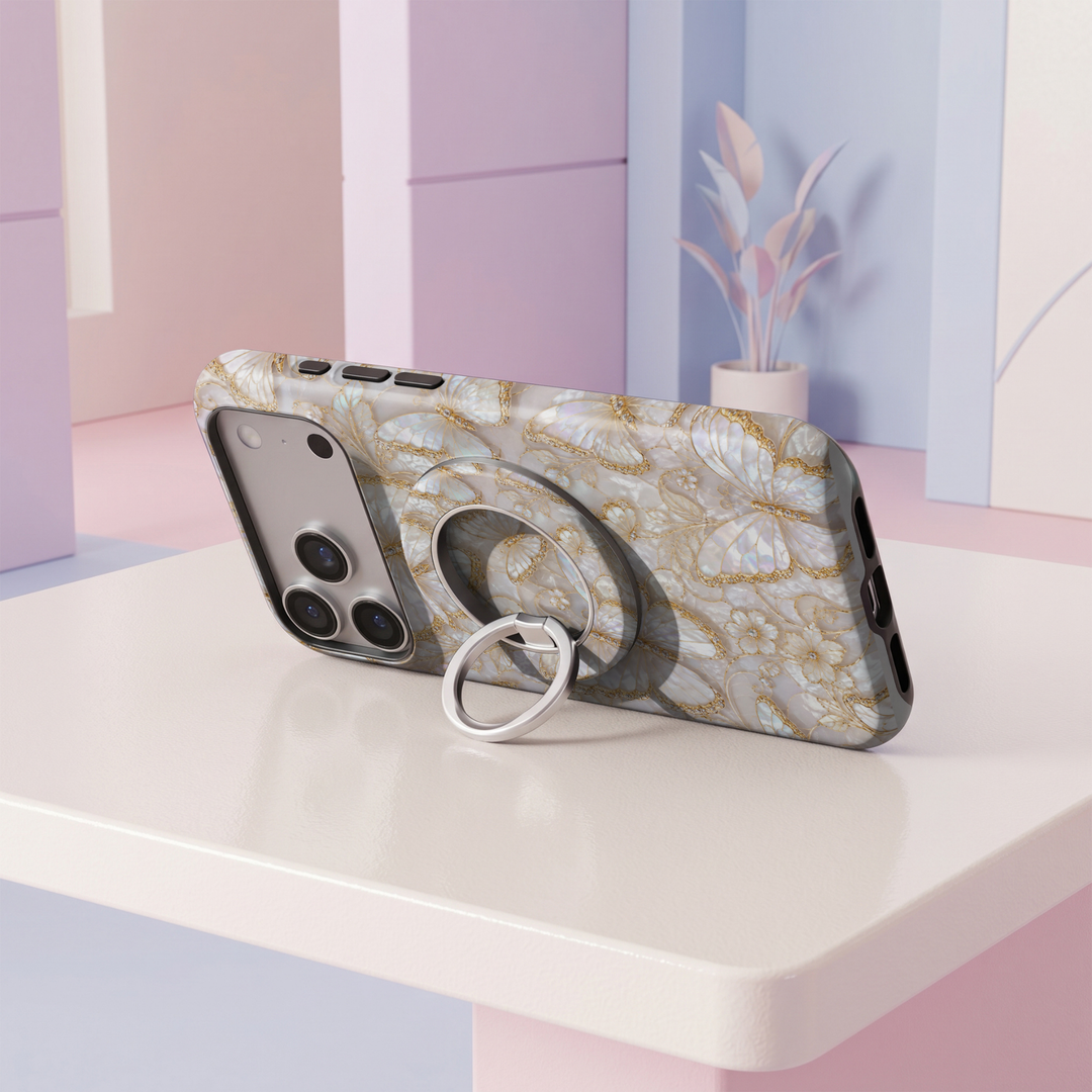 Pearl Butterfly MagSafe magnetic ring holder with ivory iridescent butterflies, gold detailing and silver rotating phone grip and stand.