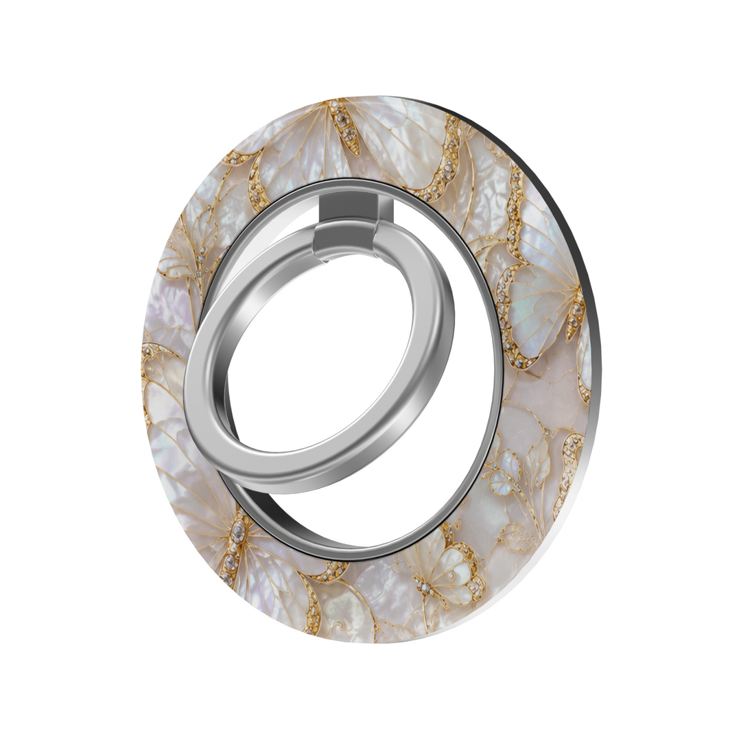 Pearl Butterfly MagSafe magnetic ring holder with ivory iridescent butterflies, gold detailing and silver rotating phone grip and stand.