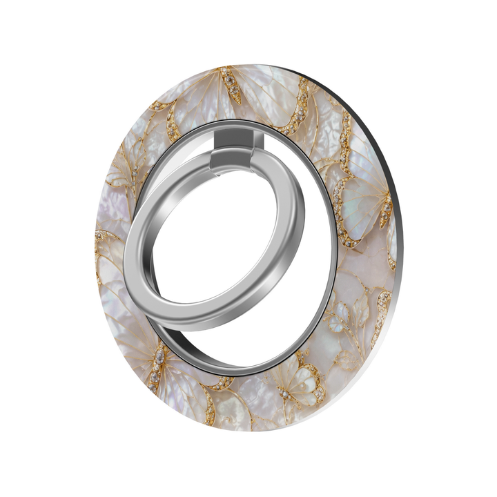 Pearl Butterfly MagSafe magnetic ring holder with ivory iridescent butterflies, gold detailing and silver rotating phone grip and stand.