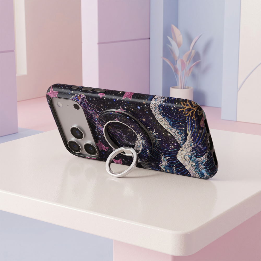 Cosmic Jewel celestial MagSafe magnetic ring holder with colorful stars, jewel details and silver 360-degree rotating phone grip.
