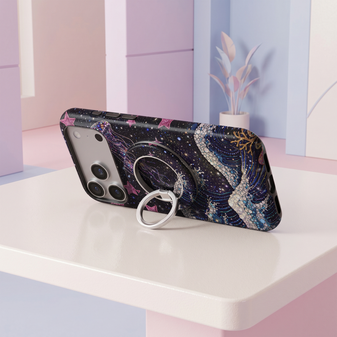 Cosmic Jewel celestial MagSafe magnetic ring holder with colorful stars, jewel details and silver 360-degree rotating phone grip.