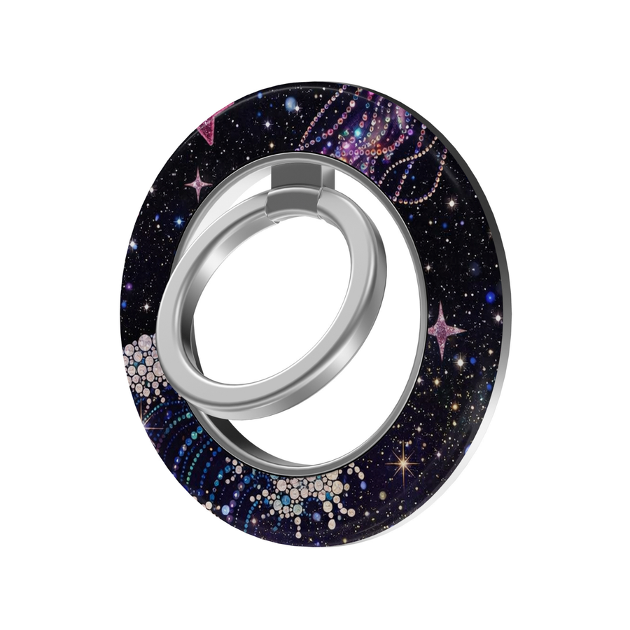 Cosmic Jewel celestial MagSafe magnetic ring holder with colorful stars, jewel details and silver 360-degree rotating phone grip.
