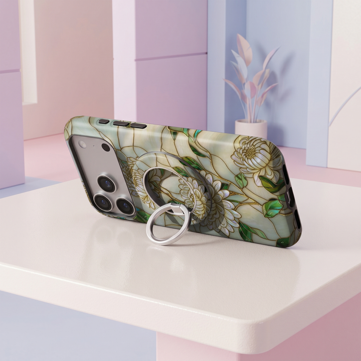 Pearl Chrysanthemum floral MagSafe magnetic ring holder with silver 360-degree rotating phone grip and stand.