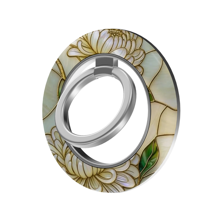 Pearl Chrysanthemum floral MagSafe magnetic ring holder with silver 360-degree rotating phone grip and stand.