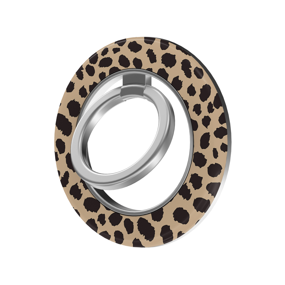 Classic beige and black leopard print MagSafe ring holder with a bold animal pattern and sleek silver magnetic phone grip and stand.