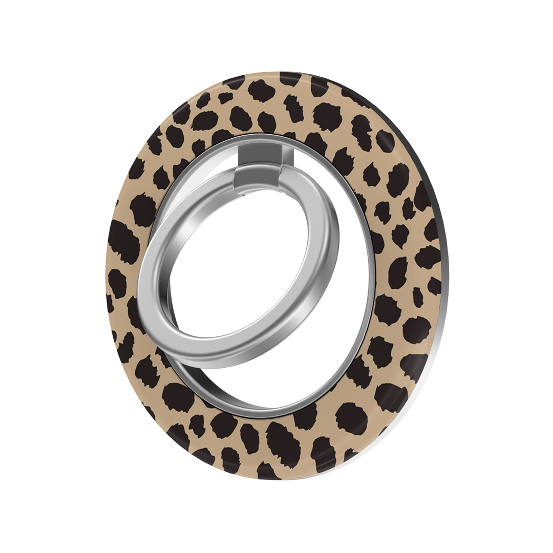Classic beige and black leopard print MagSafe ring holder with a bold animal pattern and sleek silver magnetic phone grip and stand.