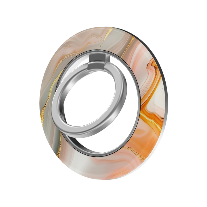 Peach, cream and soft beige agate marble MagSafe ring holder with delicate gold accents and a sleek silver magnetic phone grip and stand.