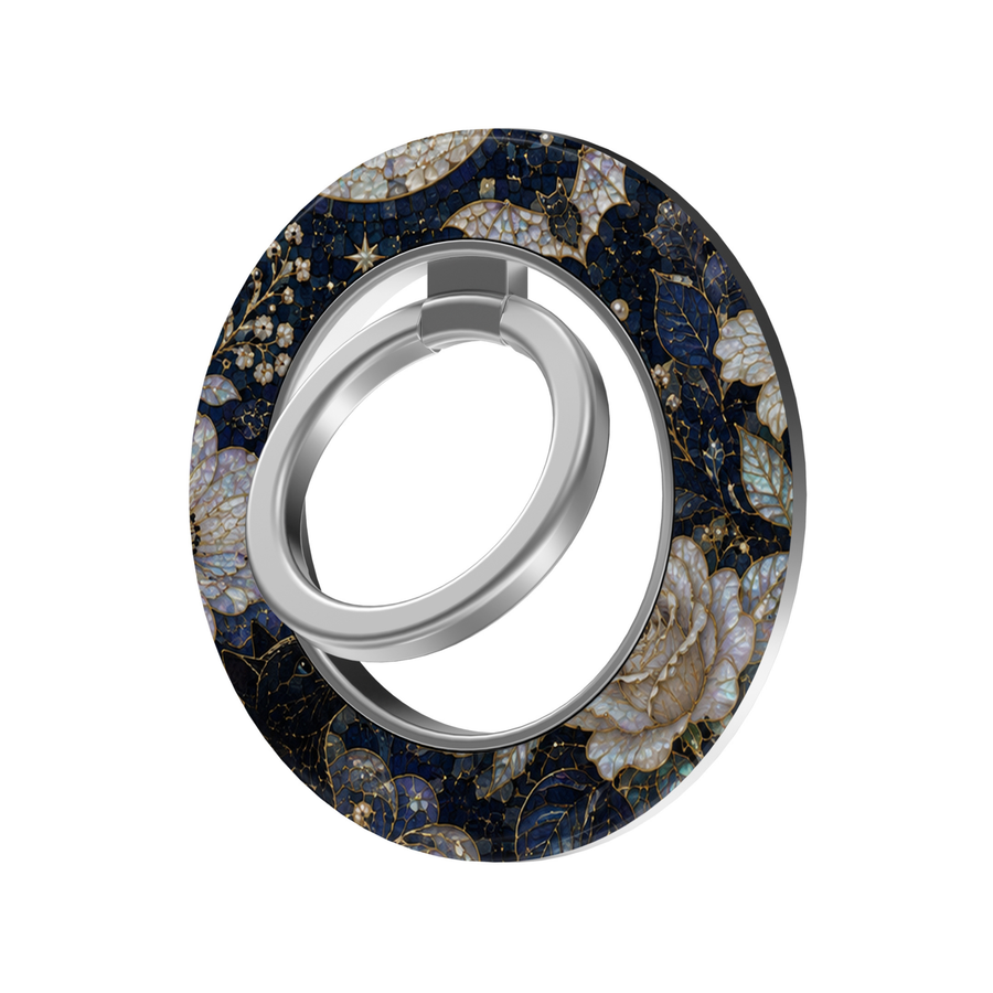 Midnight navy floral stained glass MagSafe ring holder with luminous ivory flowers, delicate gold accents and a sleek silver magnetic phone grip and stand.