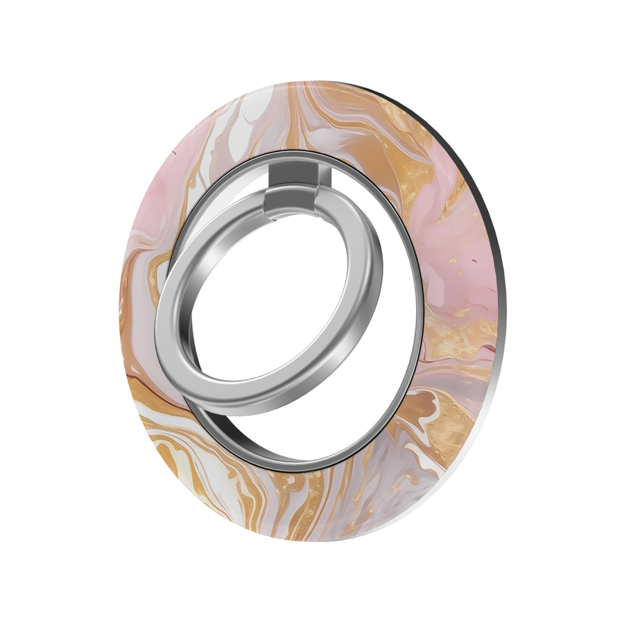 Blush pink and champagne gold marble MagSafe ring holder with soft ivory swirls and a sleek silver magnetic phone grip and stand.