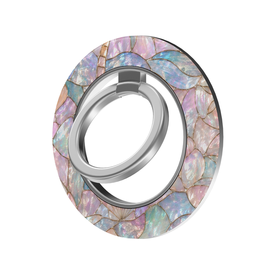 Pastel opal stained glass MagSafe ring holder with iridescent pink, blue and pearl tones and a silver magnetic phone grip and stand.
