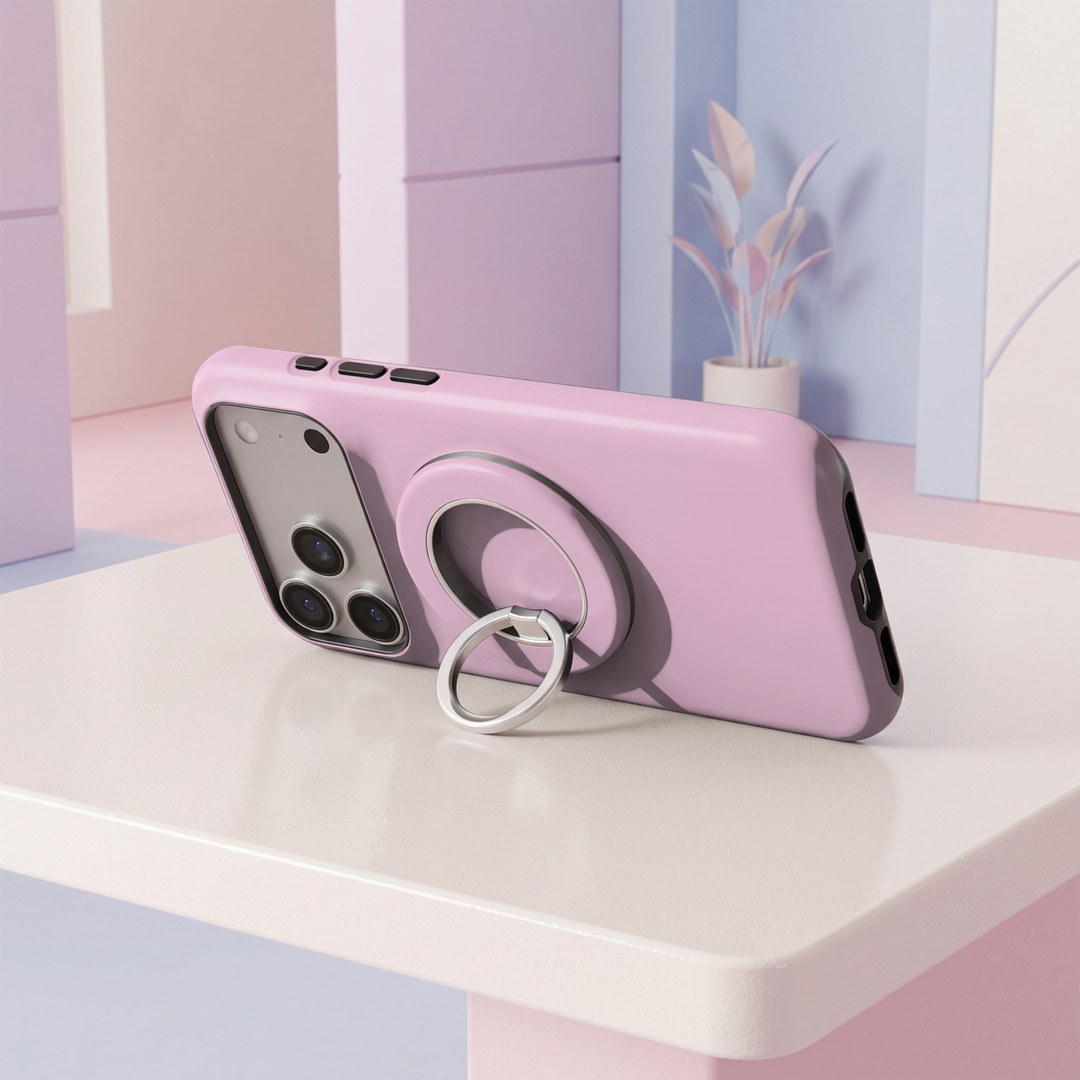 Solid blush pink MagSafe ring holder with a sleek silver metal phone grip and stand, featuring a minimalist glossy design.