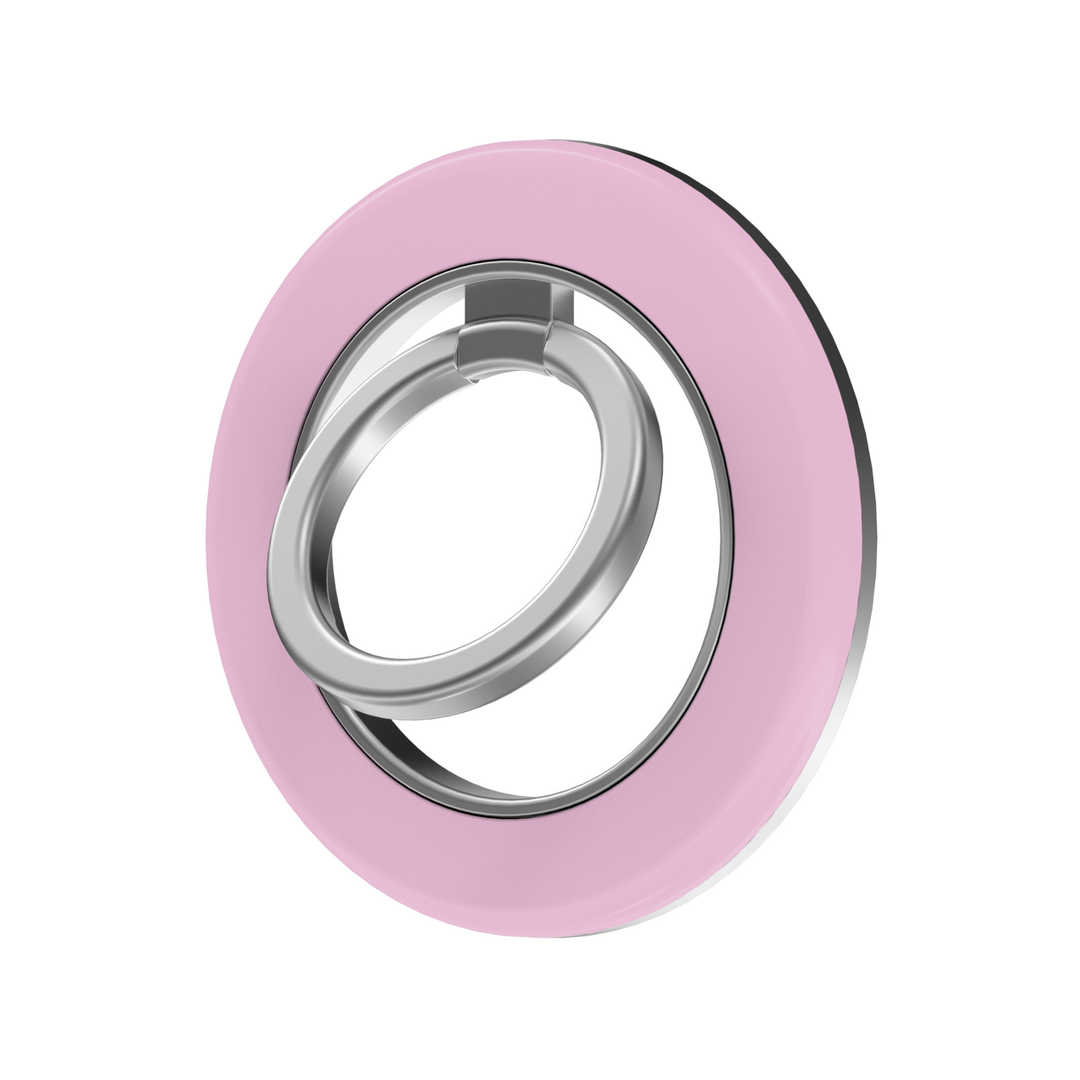 Solid blush pink MagSafe ring holder with a sleek silver metal phone grip and stand, featuring a minimalist glossy design.