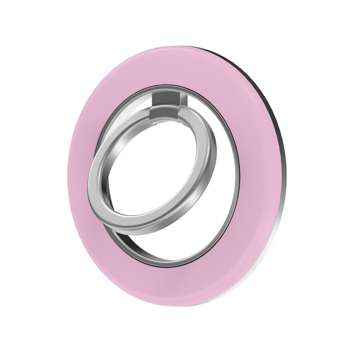 Solid blush pink MagSafe ring holder with a sleek silver metal phone grip and stand, featuring a minimalist glossy design.