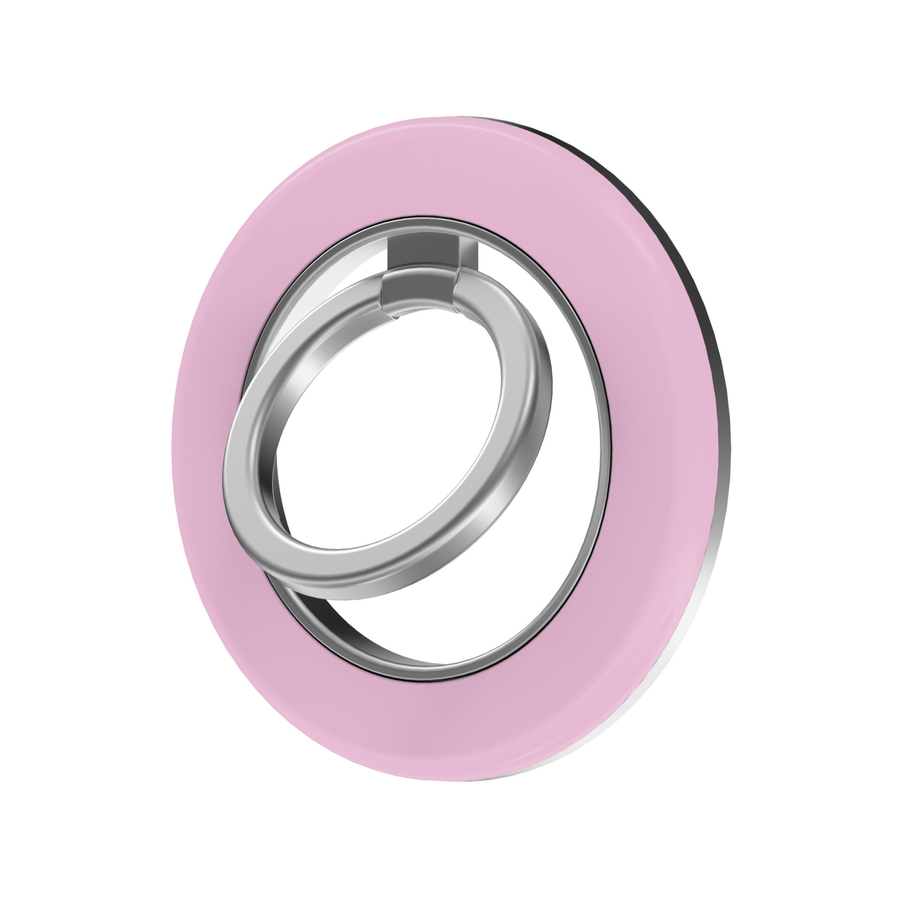 Solid blush pink MagSafe ring holder with a sleek silver metal phone grip and stand, featuring a minimalist glossy design.