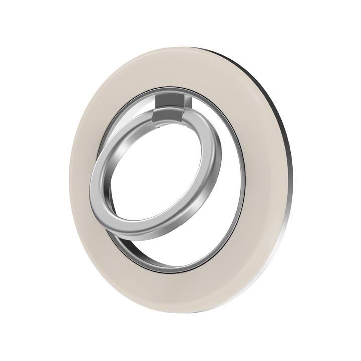 Ivory cream MagSafe ring holder with a clean neutral beige design and sleek silver magnetic phone grip and stand.