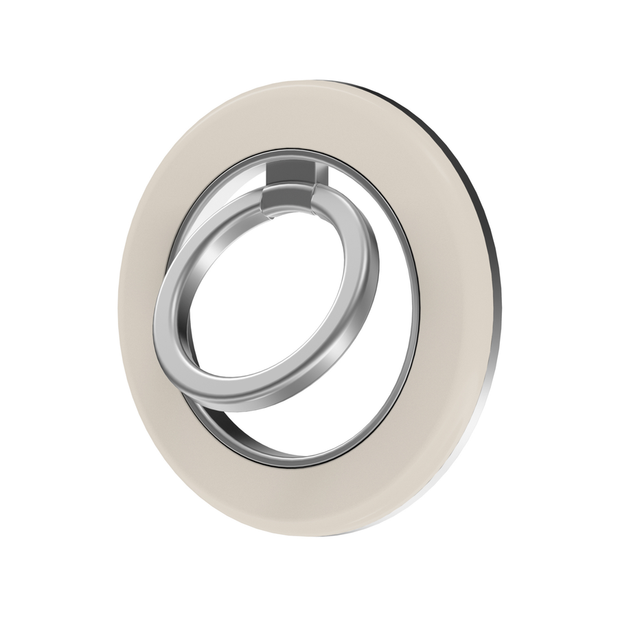 Ivory cream MagSafe ring holder with a clean neutral beige design and sleek silver magnetic phone grip and stand.