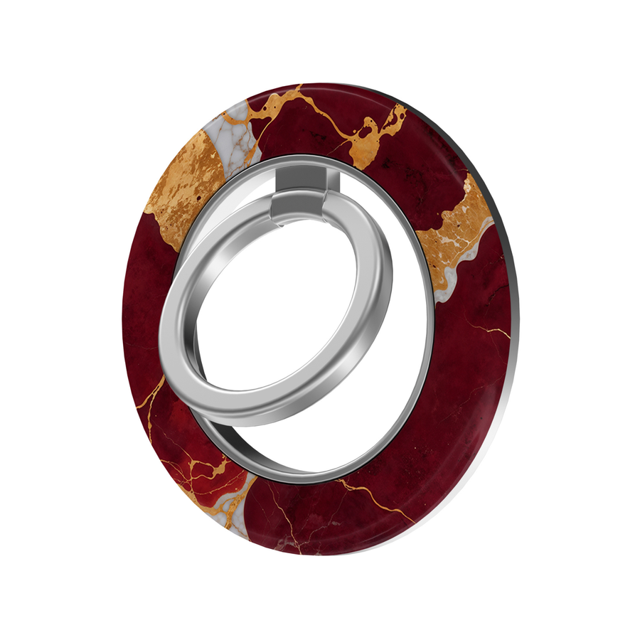 Burgundy Gold Marble MagSafe ring holder featuring a rich wine red marble design with bold metallic gold and white veining, finished with a sleek silver magnetic phone grip and stand.