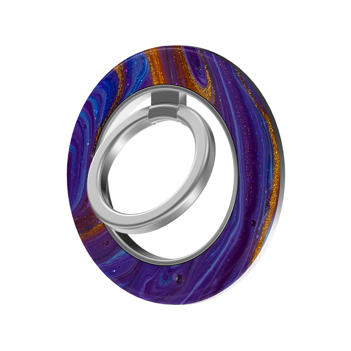 Royal Amethyst Agate MagSafe ring holder featuring rich purple, violet and electric blue marble swirls with shimmering gold accents, finished with a sleek silver magnetic phone grip and stand.