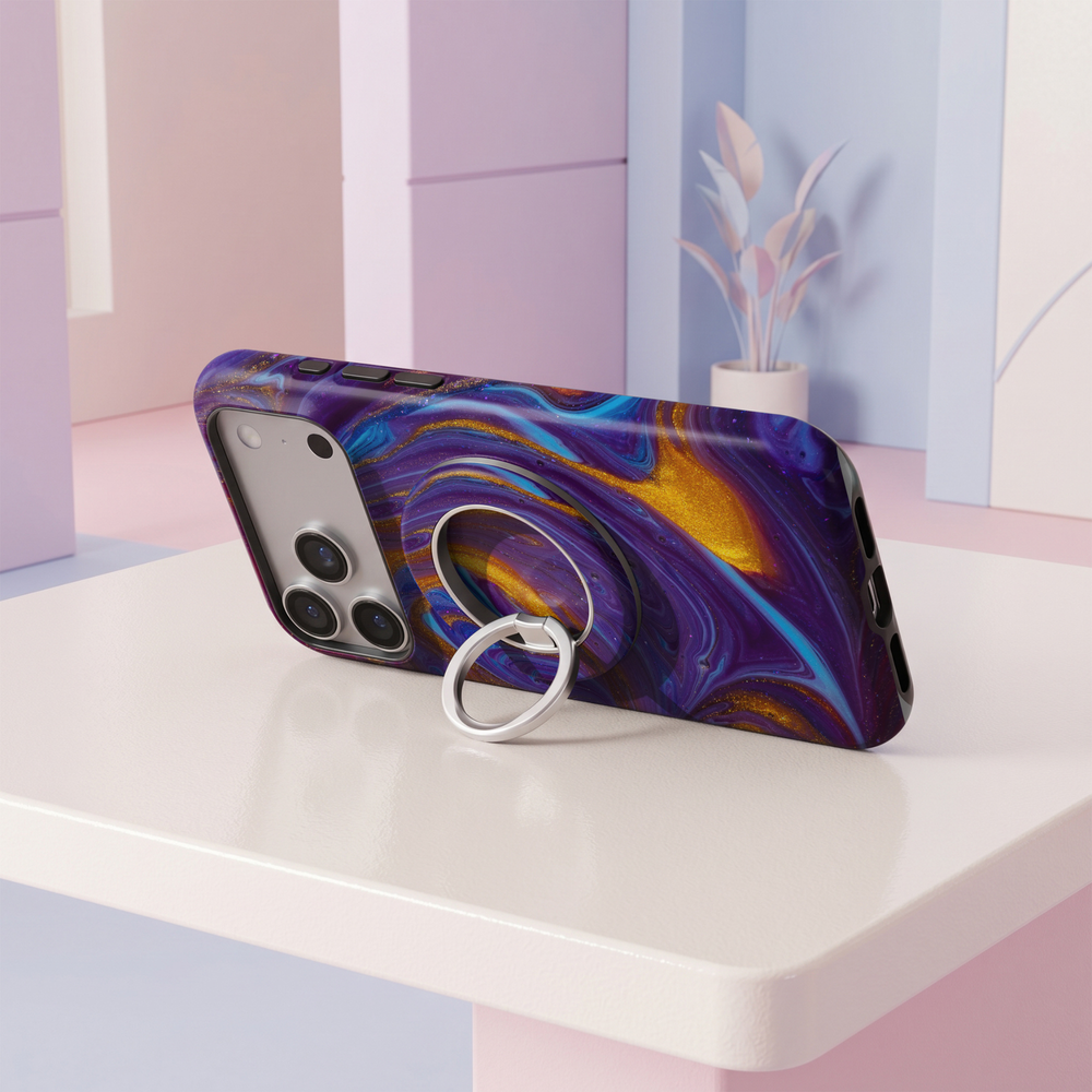 Royal Amethyst Agate MagSafe ring holder featuring rich purple, violet and electric blue marble swirls with shimmering gold accents, finished with a sleek silver magnetic phone grip and stand.