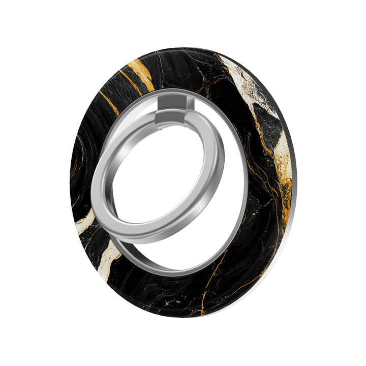 Midnight Gold Marble MagSafe ring holder featuring a luxurious black marble design with dramatic white veining and metallic gold accents, finished with a sleek silver magnetic phone grip and stand.