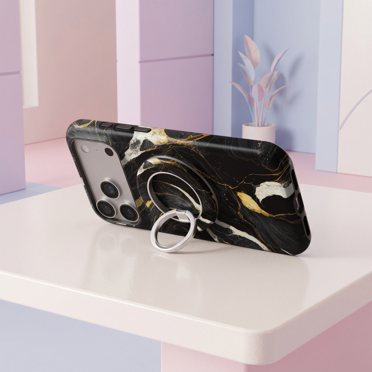 Midnight Gold Marble MagSafe ring holder featuring a luxurious black marble design with dramatic white veining and metallic gold accents, finished with a sleek silver magnetic phone grip and stand.