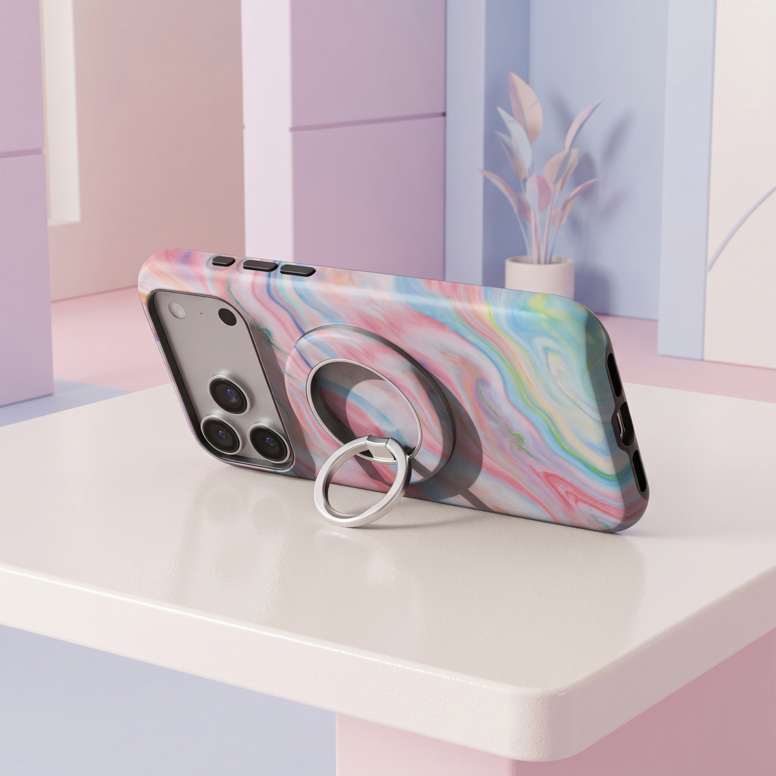 Pink Opal Swirl MagSafe ring holder featuring a dreamy marbled design with soft pink, blush, lavender and baby blue swirls, finished with a sleek silver magnetic phone grip and stand.