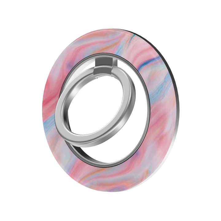 Pink Opal Swirl MagSafe ring holder featuring a dreamy marbled design with soft pink, blush, lavender and baby blue swirls, finished with a sleek silver magnetic phone grip and stand.