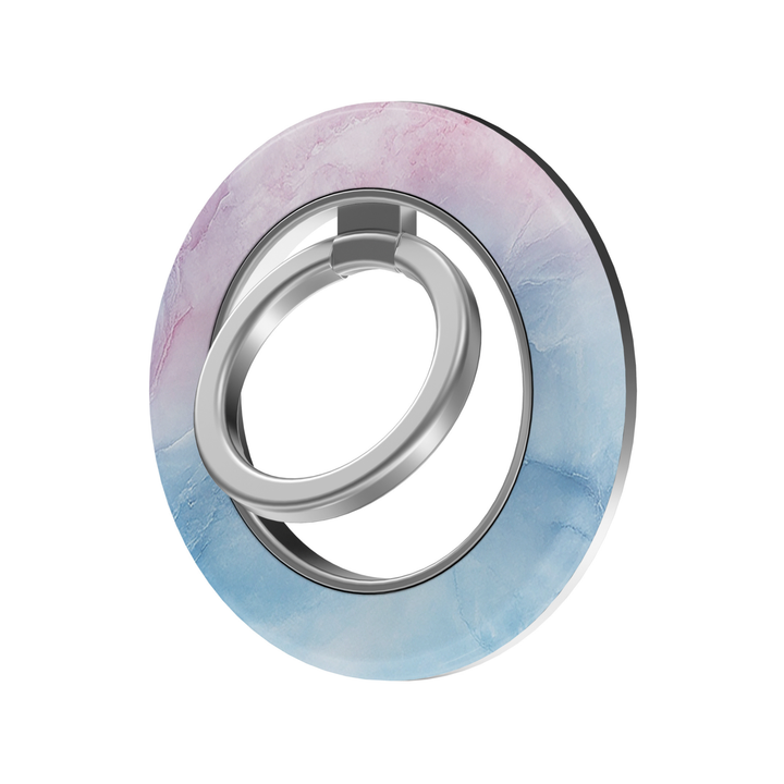 Cotton Candy Sky MagSafe ring holder featuring a dreamy pastel ombré design in soft pink, lavender and baby blue with a sleek silver magnetic phone grip and stand.