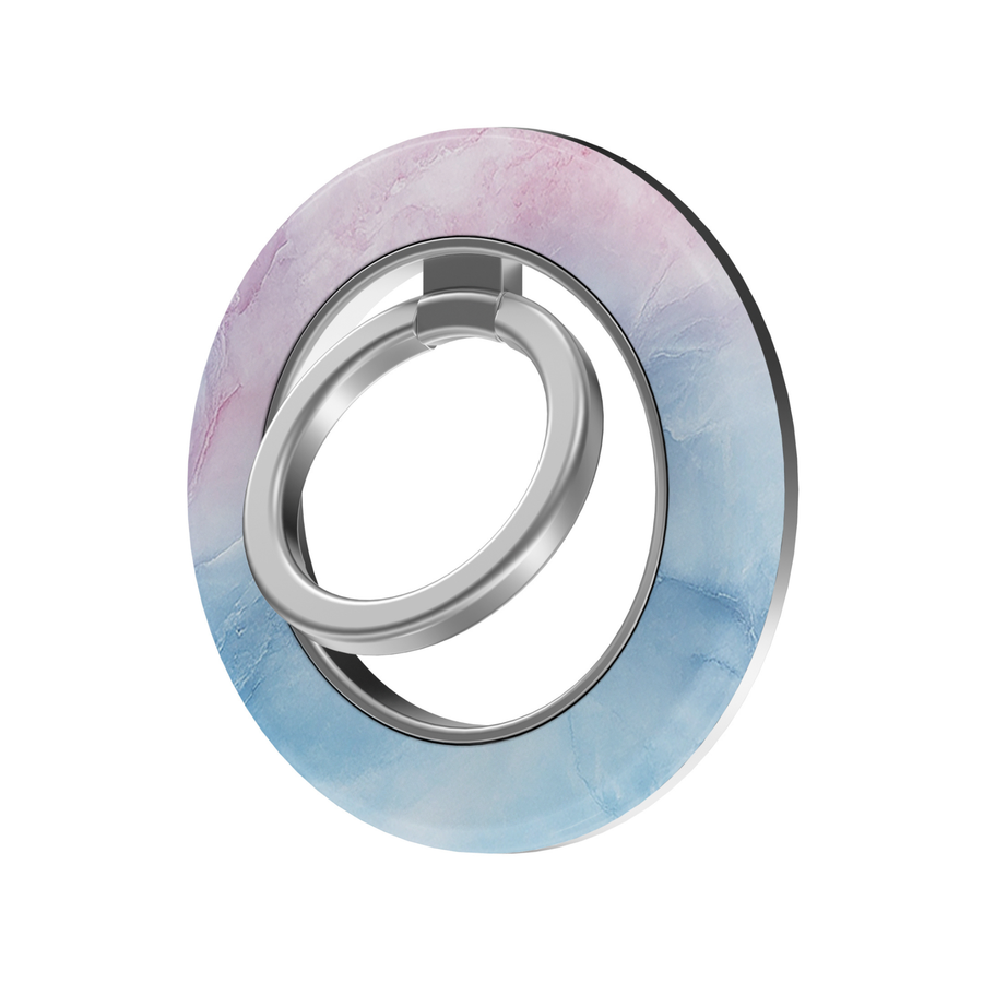 Cotton Candy Sky MagSafe ring holder featuring a dreamy pastel ombré design in soft pink, lavender and baby blue with a sleek silver magnetic phone grip and stand.