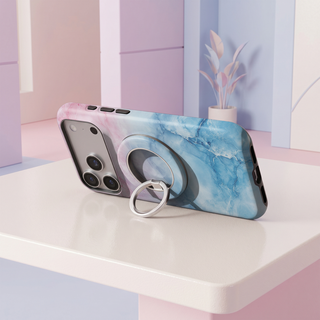 Cotton Candy Sky MagSafe ring holder featuring a dreamy pastel ombré design in soft pink, lavender and baby blue with a sleek silver magnetic phone grip and stand.
