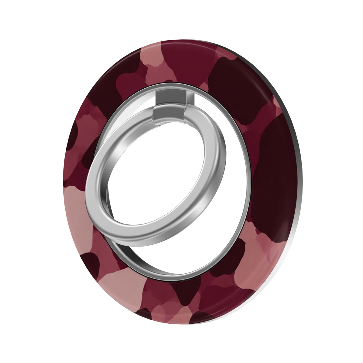 Burgundy Leopard MagSafe Ring Holder featuring a tonal leopard pattern in deep burgundy, wine, dusty rose and blush pink with a silver magnetic ring, a chic animal print phone grip and stand.