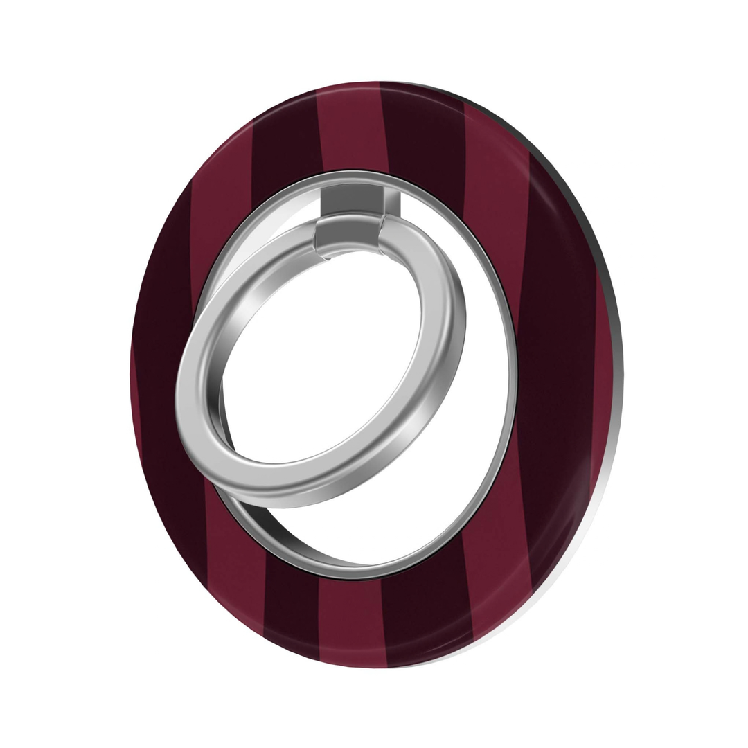 Merlot Stripe MagSafe Ring Holder featuring alternating deep merlot, burgundy and wine-colored vertical stripes with a silver magnetic ring, an elegant striped phone grip and stand.