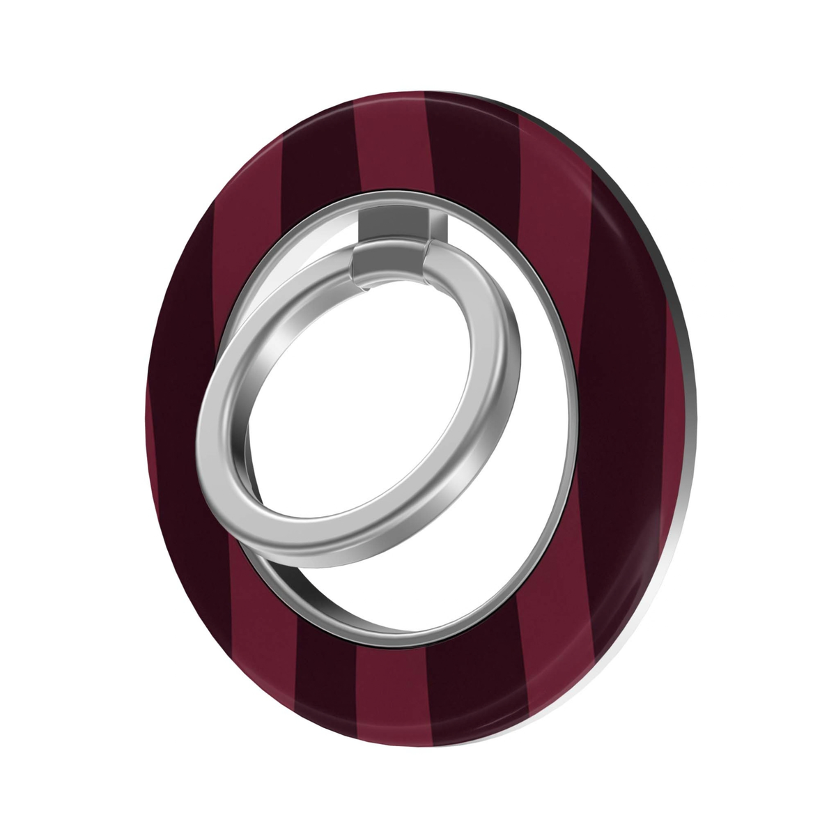 Merlot Stripe MagSafe Ring Holder featuring alternating deep merlot, burgundy and wine-colored vertical stripes with a silver magnetic ring, an elegant striped phone grip and stand.