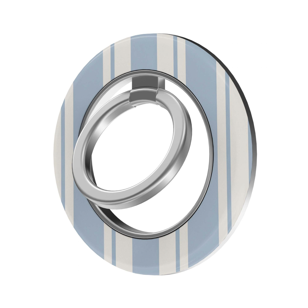 Coastal Stripe MagSafe Ring Holder featuring soft powder blue and ivory cream vertical stripes with a silver magnetic ring, a clean preppy coastal phone grip and stand.