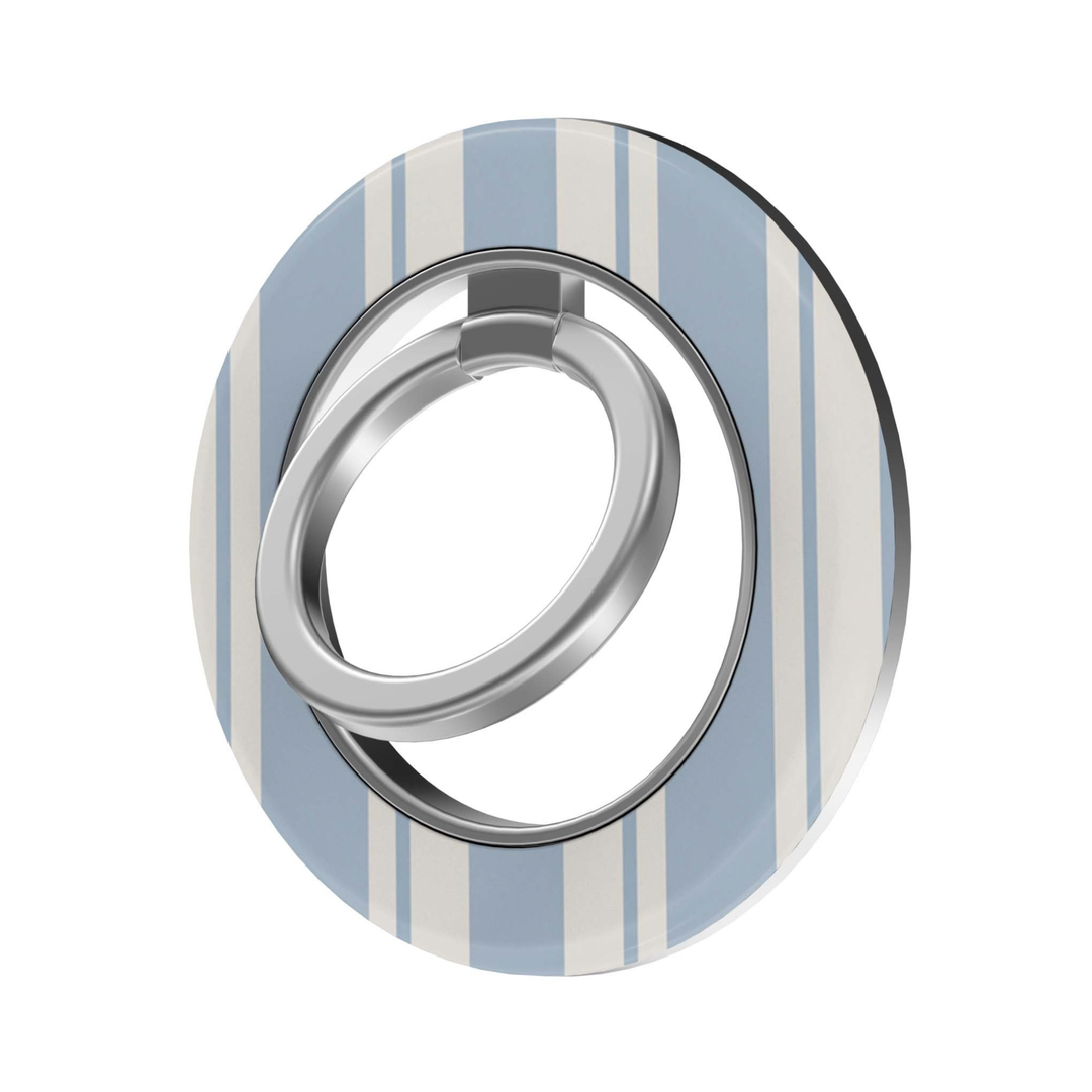 Coastal Stripe MagSafe Ring Holder featuring soft powder blue and ivory cream vertical stripes with a silver magnetic ring, a clean preppy coastal phone grip and stand.