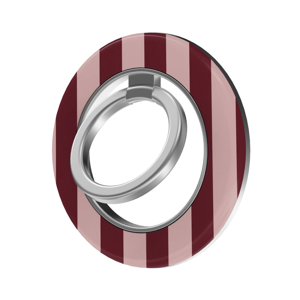 Burgundy Stripe MagSafe Ring Holder featuring alternating rich burgundy and dusty blush pink vertical stripes with a silver magnetic ring, a chic preppy phone grip and stand.