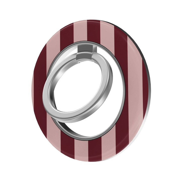 Burgundy Stripe MagSafe Ring Holder featuring alternating rich burgundy and dusty blush pink vertical stripes with a silver magnetic ring, a chic preppy phone grip and stand.
