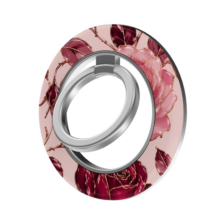 Rose Reflection MagSafe Ring Holder featuring burgundy and blush pink roses with delicate gold-inspired outlines on a pale pink background, finished with a silver magnetic phone ring grip and stand.