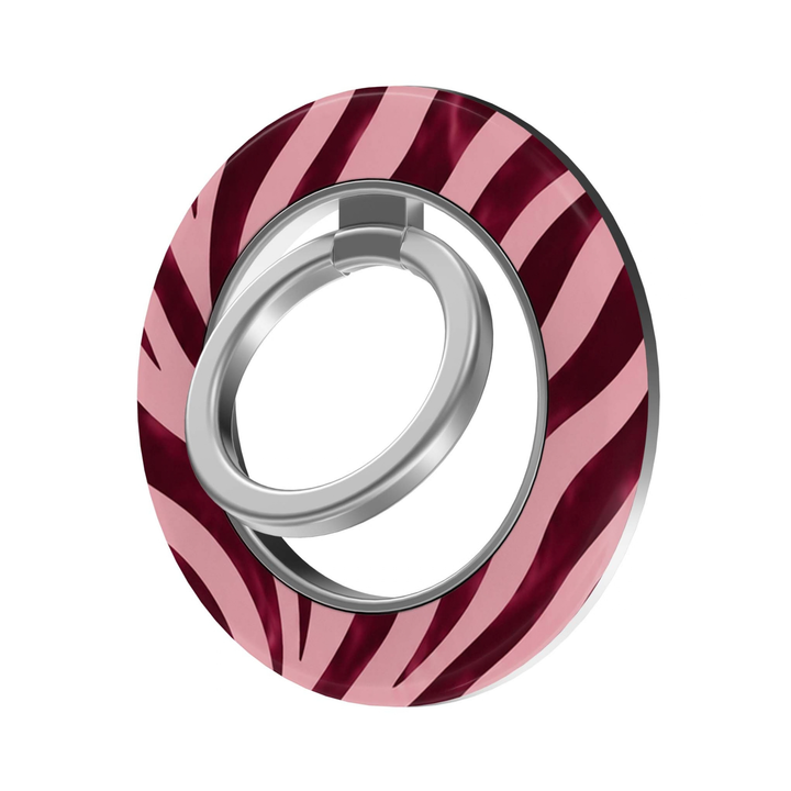 Burgundy Zebra MagSafe Ring Holder featuring rich burgundy and blush pink zebra stripes with a silver magnetic ring, a chic animal print phone grip and stand for MagSafe-compatible iPhone cases.