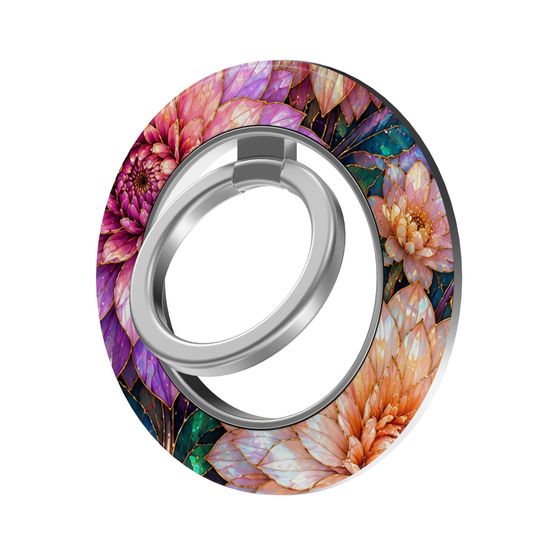 Opal Dahlia MagSafe Ring Holder featuring luminous pink, lavender, peach and opal dahlia florals with rich teal foliage and gold-inspired details, finished with a silver magnetic phone ring grip and stand.