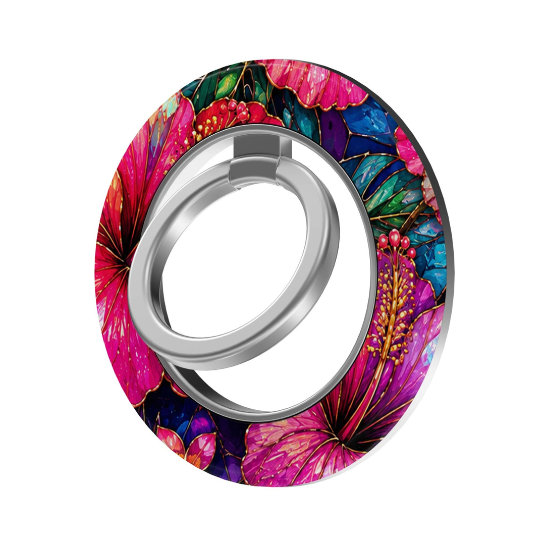 Tropical Hibiscus MagSafe Ring Holder featuring vibrant pink and fuchsia hibiscus flowers with teal, emerald and deep blue tropical foliage, finished with a silver magnetic phone ring grip and stand.