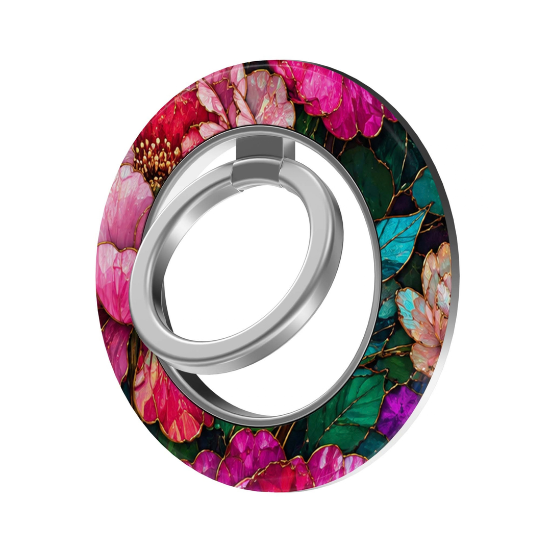 Pink Peony Garden MagSafe Ring Holder featuring vibrant pink and fuchsia peonies with emerald and teal foliage and gold-inspired detailing, finished with a silver magnetic phone ring grip and stand.