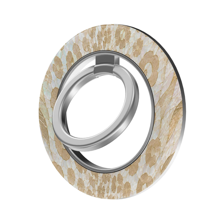 Pearl Leopard MagSafe Ring Holder featuring a luminous ivory, pearl, champagne and beige leopard-inspired pattern with a silver ring, an elegant neutral animal print magnetic phone grip and stand.